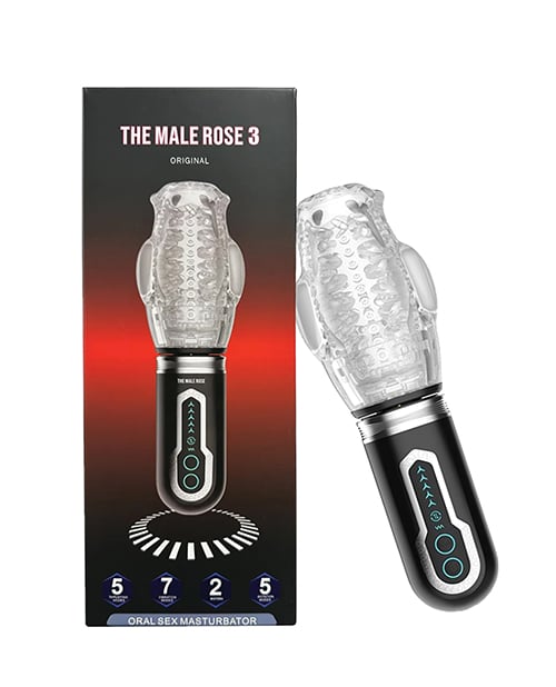 The Male Rose - 3模式推送、旋转与振动口交自慰器(黑色)