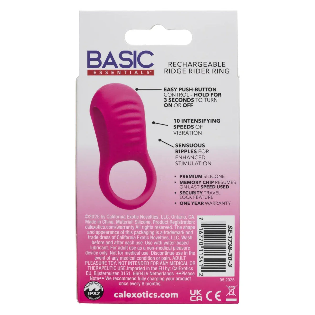 CalExotics - Basic Essentials Rechargeable Ridge Rider Cock Ring (Pink) CE2184 CherryAffairs