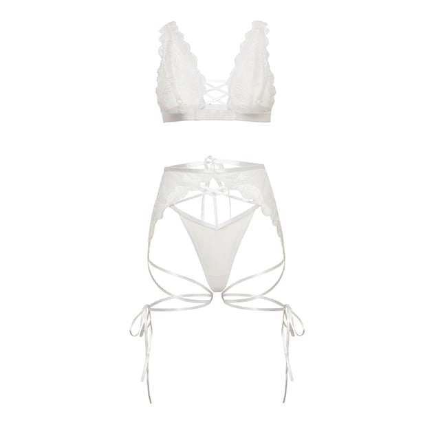 Oh La La Cheri - Naya Lace 3 pc Lingerie Set with Strap Details (White) OL1027 CherryAffairs