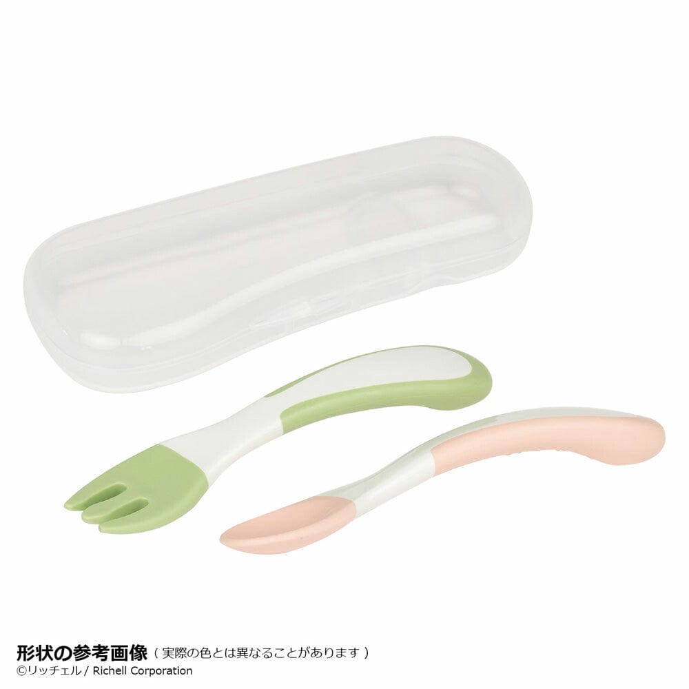Richell - T.L.I Stage 2 Soft Easy Grip Baby Self Feeding Spoon and Fork Set Baby Spoon and Fork