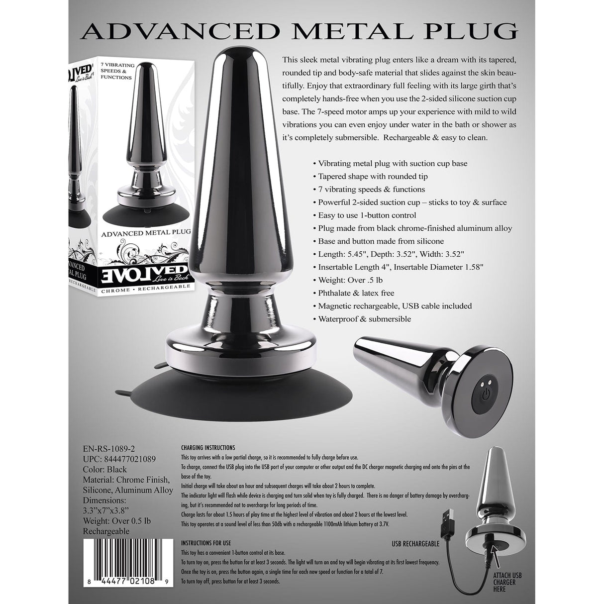 Evolved - Vibrating Metal Anal Plug with Suction Cup    Metal Anal Plug (Vibration) Rechargeable
