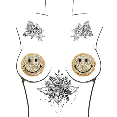 Neva Nude - Burlesque Smile Face Jewel Reusable Silicone Pasties Nipple Covers O/S (Gold)    Nipple Covers
