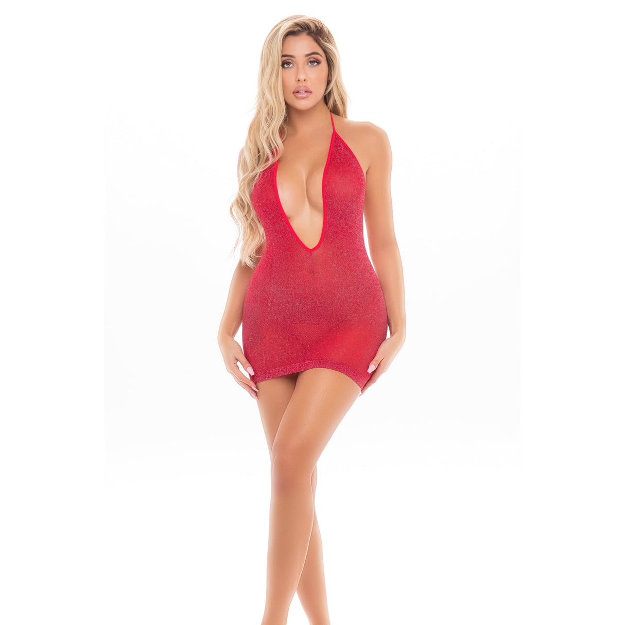 Pink Lipstick - Love Bite Plunge Halter Dress Costume O/S (Red) Dresses