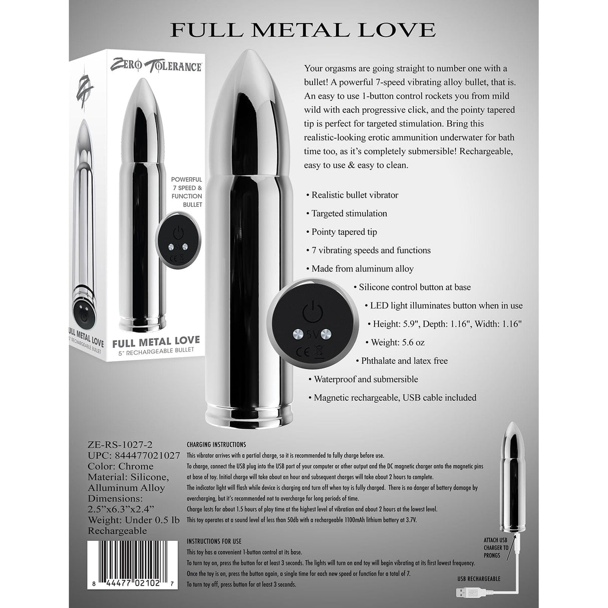 Zero Tolerance - Full Metal Love Rechargeable Bullet Vibrator (Silver)    Bullet (Vibration) Rechargeable