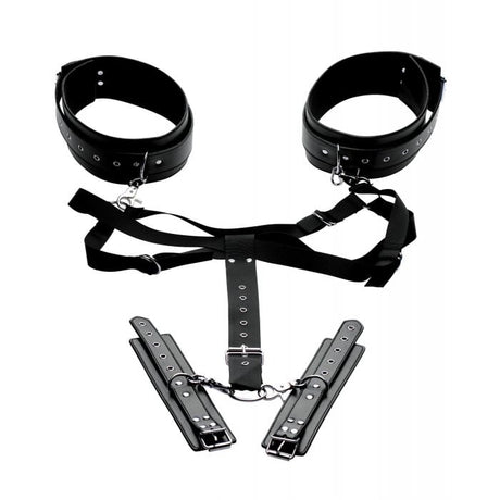 XR Brands - Master Series Acquire Thigh Harness with Wrist Cuffs (Black) - Black