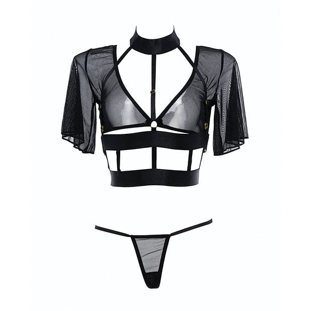 Allure Lingerie - Adore Dreamer Sheer Mesh Strappy Top and Thong Costume (Black) ALL1043 CherryAffairs