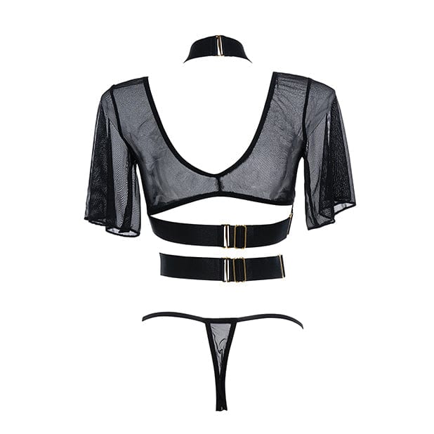 Allure Lingerie - Adore Dreamer Sheer Mesh Strappy Top and Thong Costume (Black) ALL1043 CherryAffairs