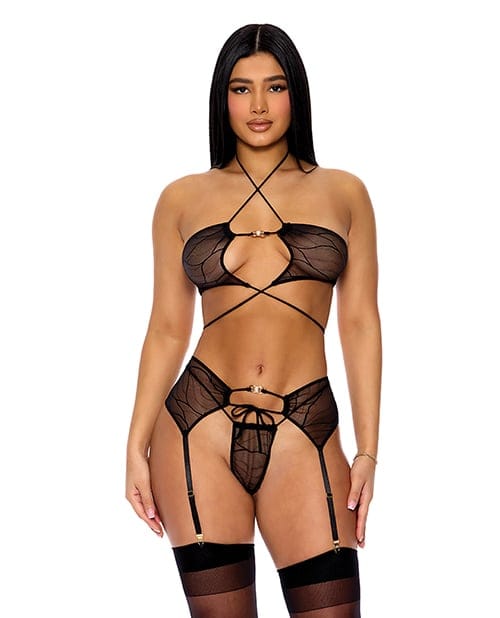 Forplay - Pull My Strings Mesh Bra, Garter & Panty Lingerie Set (Black) FPL1001 CherryAffairs