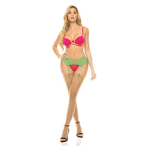 Pink Lipstick - Come to Me Bra Garter Belt and G String Neon Lingerie Set CherryAffairs