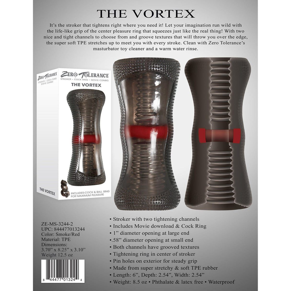 Zero Tolerance - The Vortex Soft Stroker with Vibrating Cock Ring (Black) ZR1040 CherryAffairs