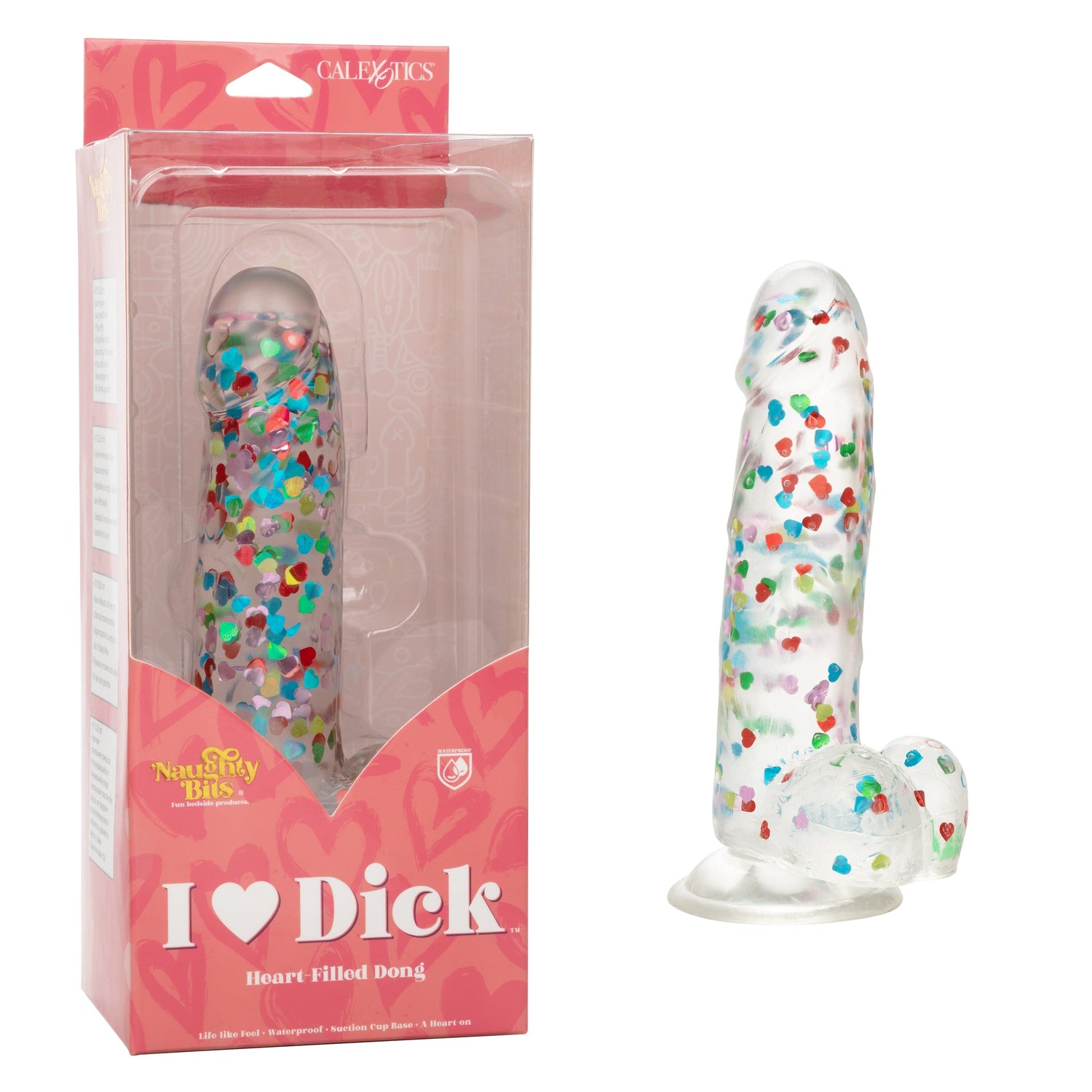 California Exotics - Naughty Bits I Love Dick Heart filled Dong Realistic Dildo with Balls 8" (Clear) CE1968 CherryAffairs