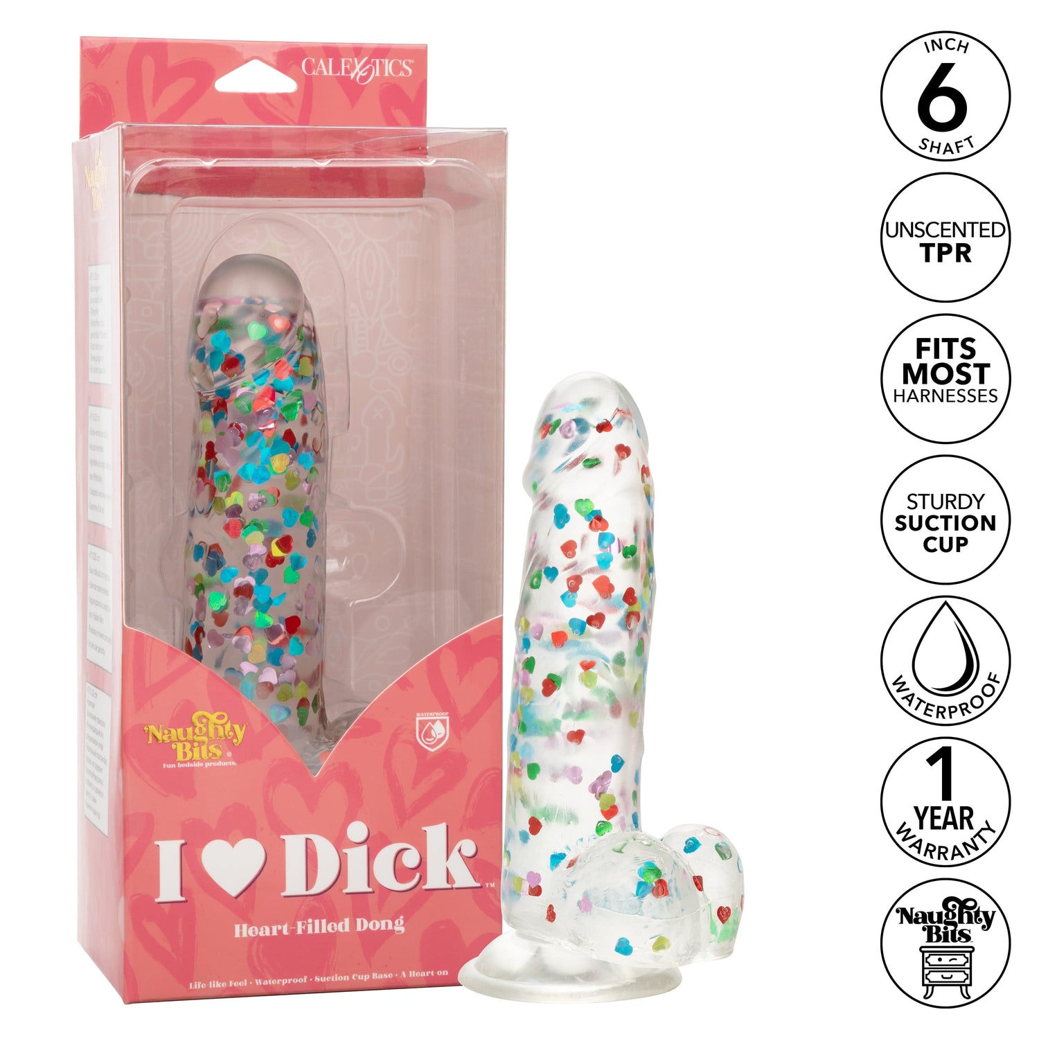 California Exotics - Naughty Bits I Love Dick Heart filled Dong Realistic Dildo with Balls 8" (Clear) CE1968 CherryAffairs