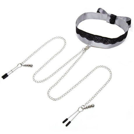 Fifty Shades of Grey - Play Nice Satin & Lace Collar & Nipple Clamps (Grey) FSG1153 CherryAffairs