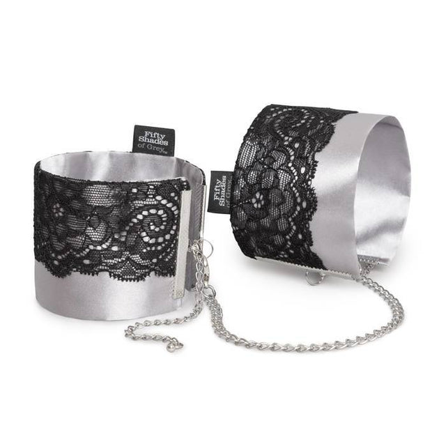 Fifty Shades of Grey - Play Nice Satin & Lace Wrist Cuffs (Grey) FSG1154 CherryAffairs