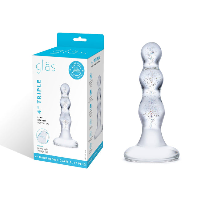 Glas - Triple Play Beaded Butt Plug 4" (Clear)    Glass Anal Plug (Non Vibration)