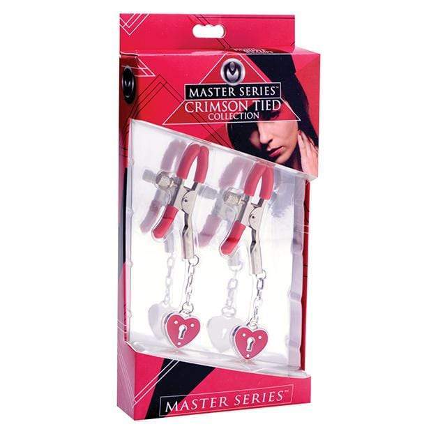 Master Series - Crimson Tied Collection Charmed Heart Padlock Nipple Clamps (Red)    Nipple Clamps (Non Vibration)