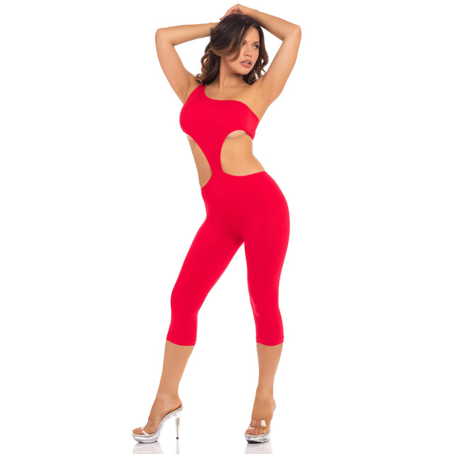 Pink Lipstick - One Shoulder Cropped Catsuit Bodystocking Costume M/L (Red) PLS1324 CherryAffairs