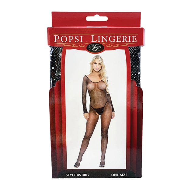 Popsi Lingerie - Rhinestone Fishnet Full Sleeved Bodystocking O/S(Black) PO1006 CherryAffairs