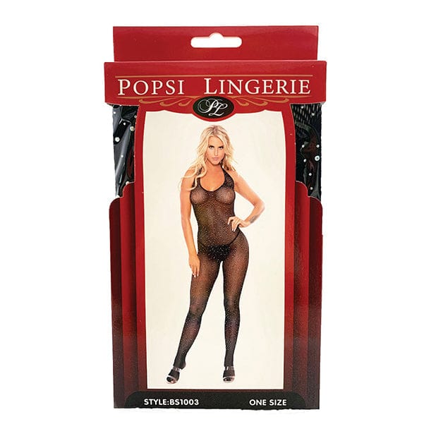 Popsi Lingerie - Rhinestone Fishnet Halter Top Bodystocking O/S (Black) PO1007 CherryAffairs